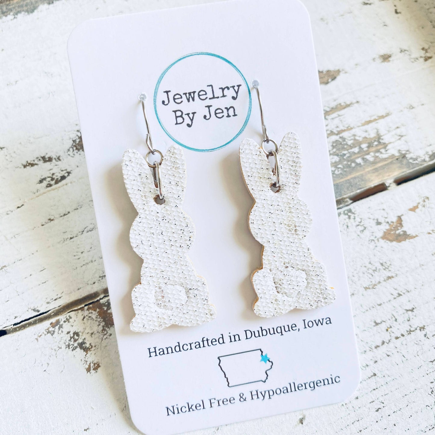 Bunny Earrings: Silver Glitter on White Cork