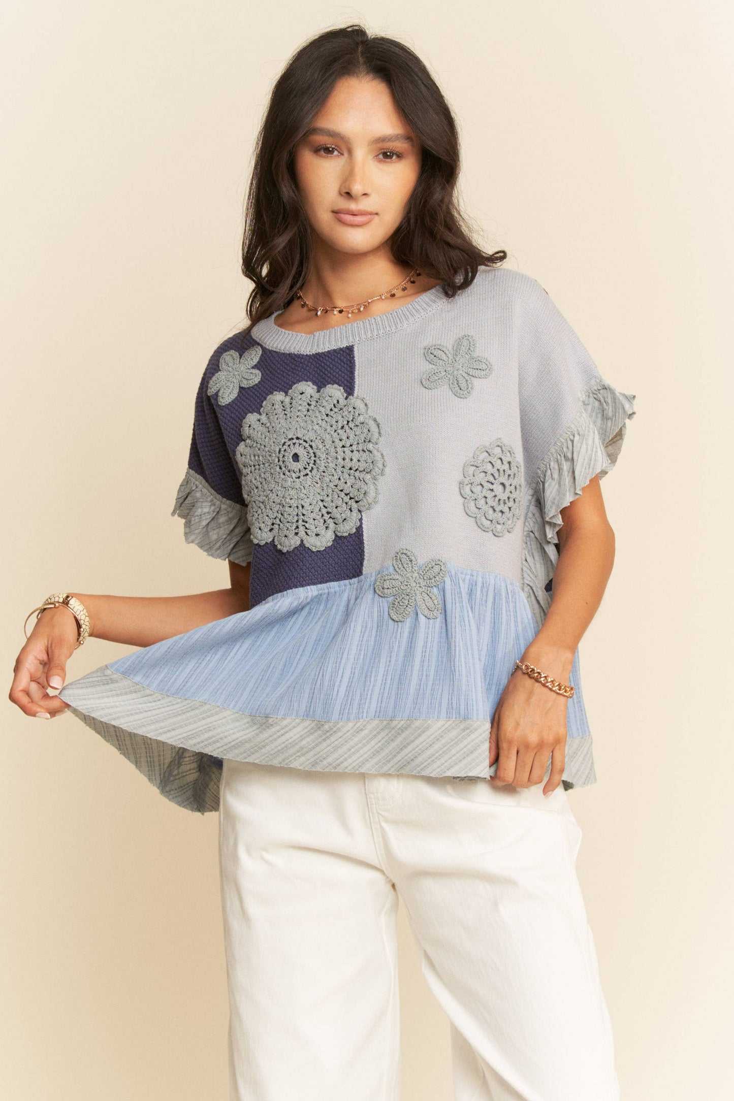 Wavy Knit Ruffle Top | Denim Navy