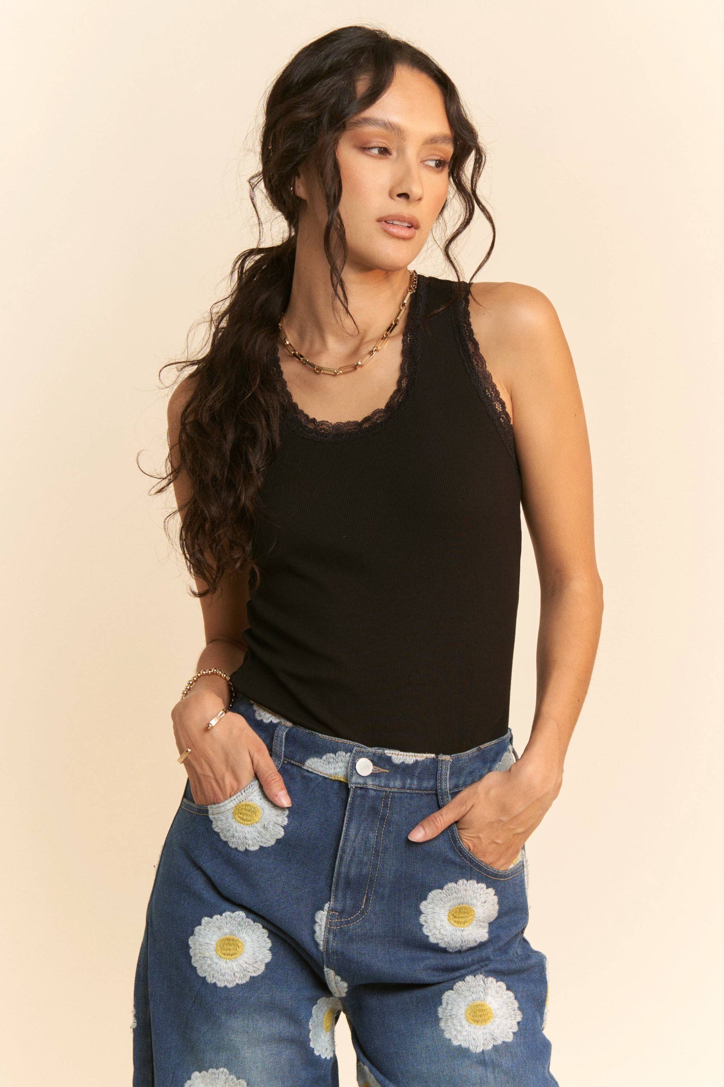 Ribbed Lace Trim Tank | Black