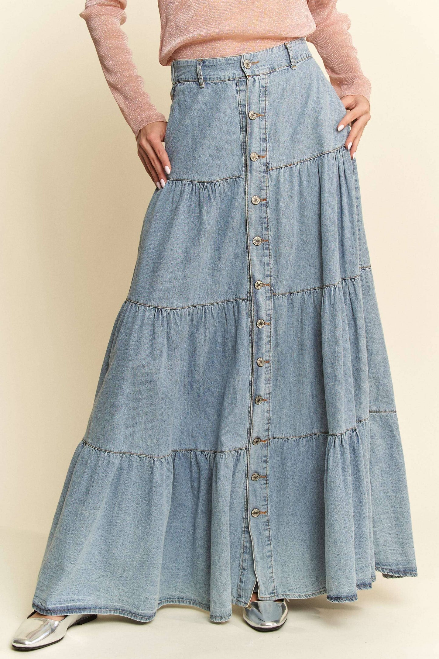 Button-Front Ruffle Hem Denim Maxi Skirt
