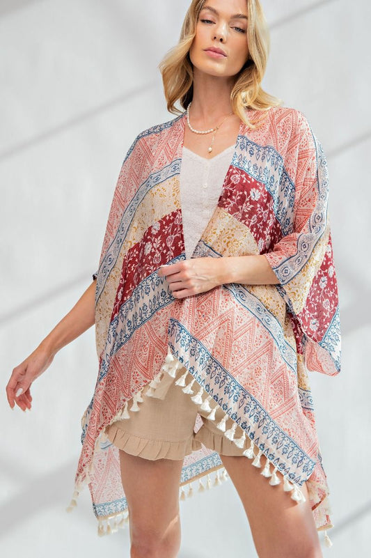 Dreamcatcher Chiffon Tassel Kimono | Wine Blue