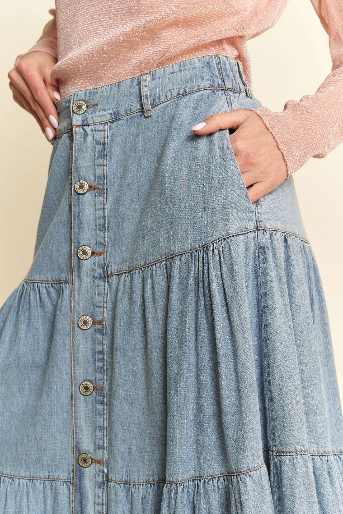 Button-Front Ruffle Hem Denim Maxi Skirt
