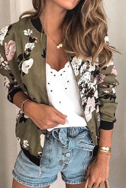 Floral Printed Zip Up  Bomber Jacket
