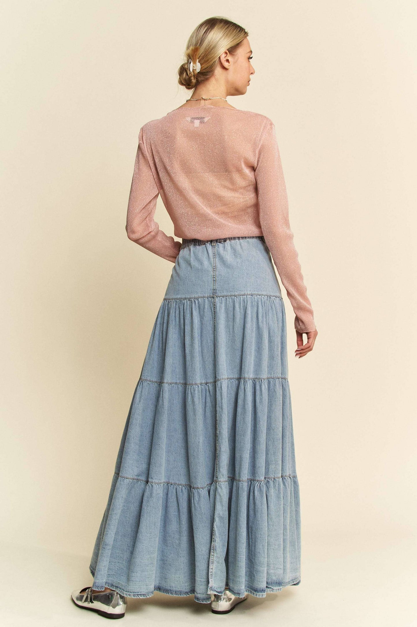 Button-Front Ruffle Hem Denim Maxi Skirt