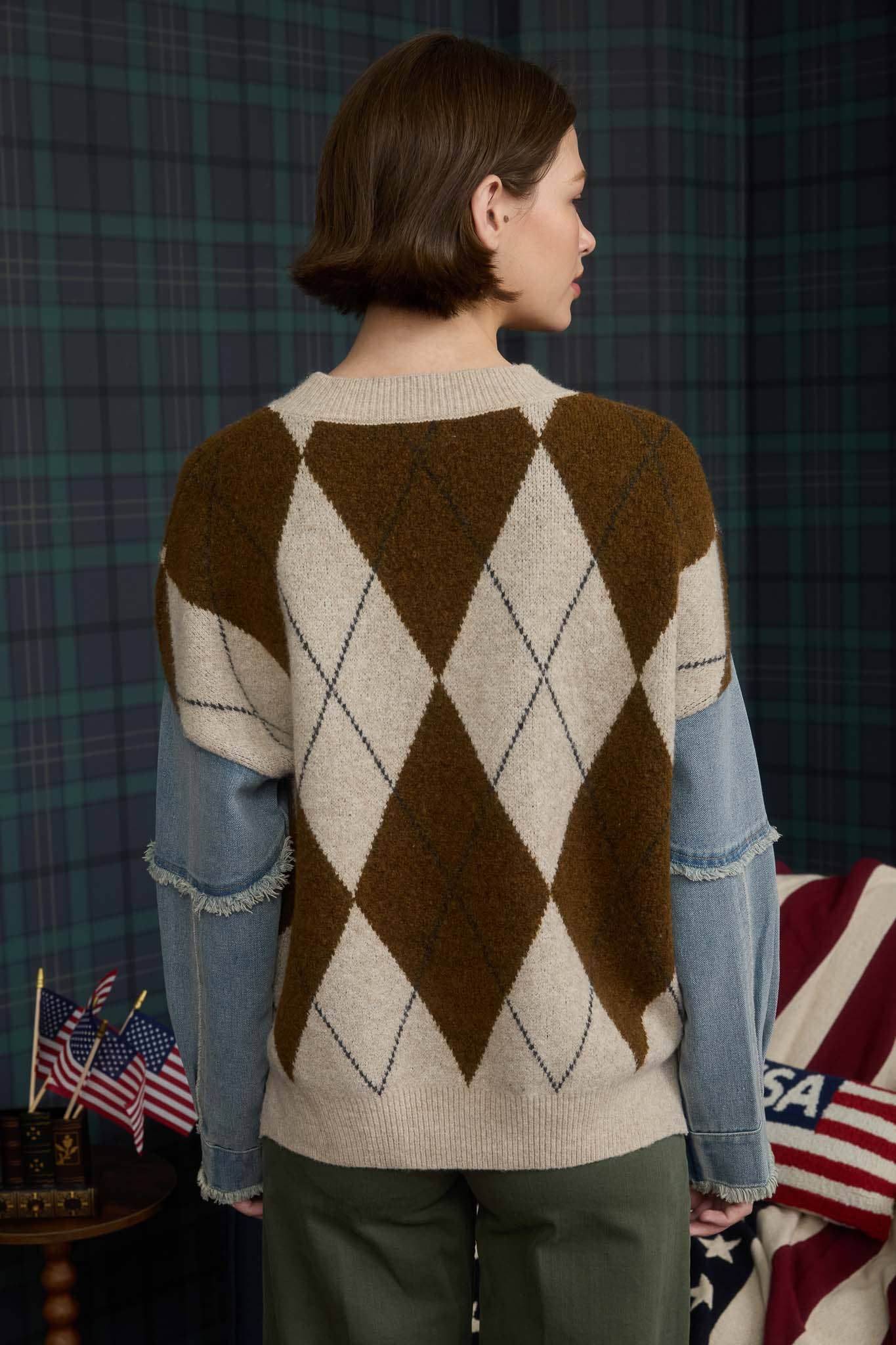 Colette Argyle Denim Sleeve Sweater