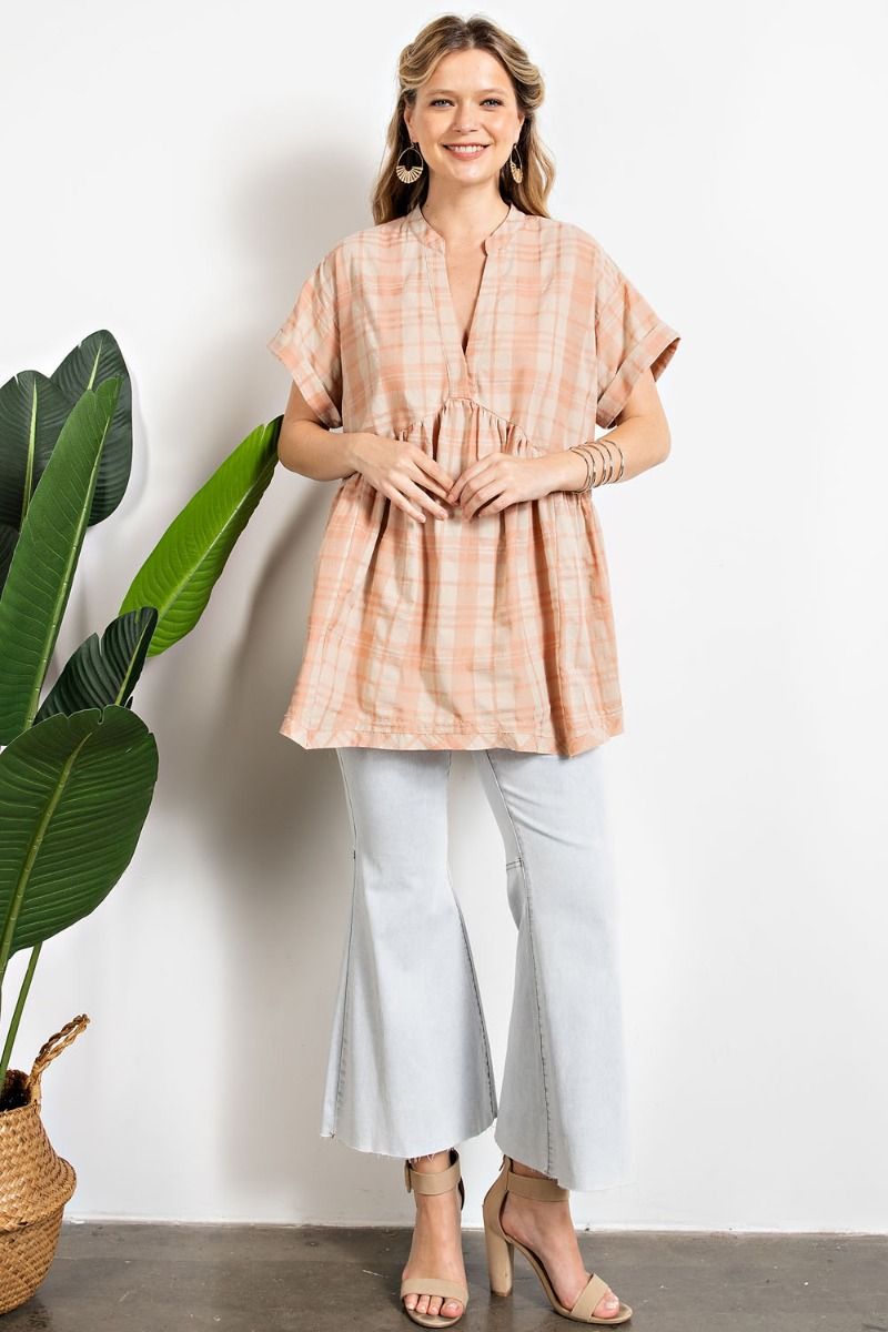 Coral Plaid Loose Fit Top