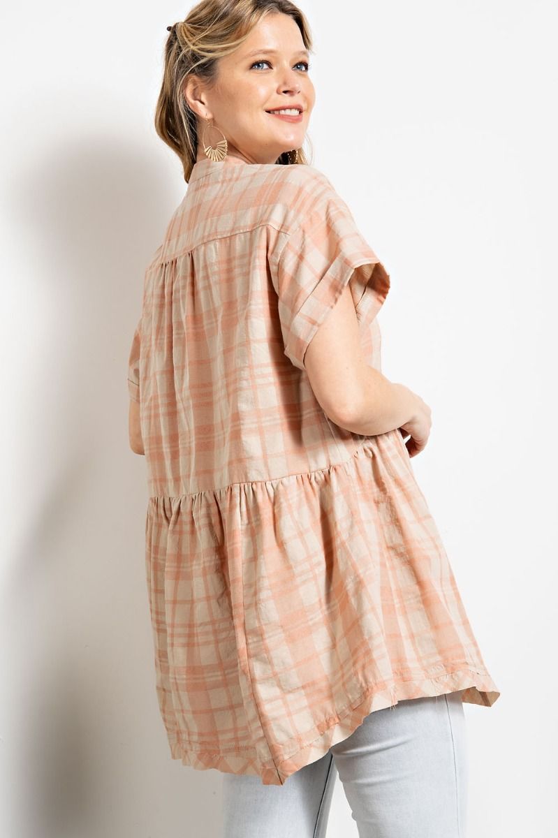 Coral Plaid Loose Fit Top