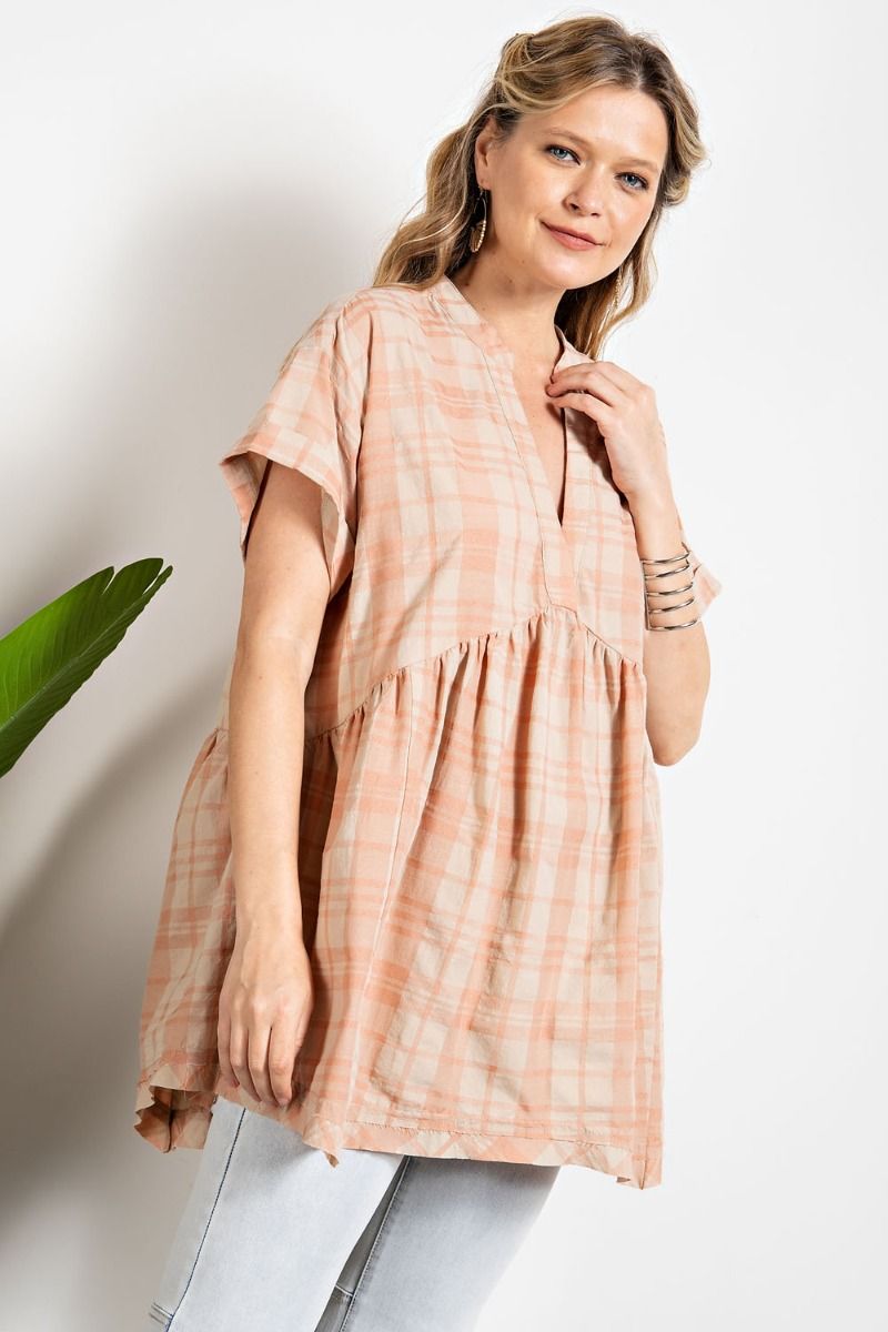 Coral Plaid Loose Fit Top