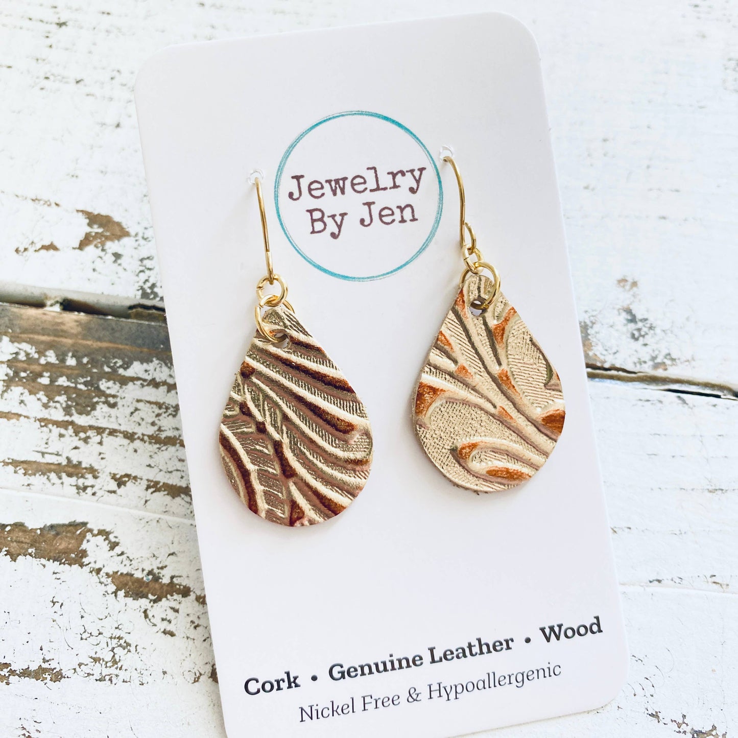 Small Teardrop: Light Gold & Copper Metallic Western Tooled