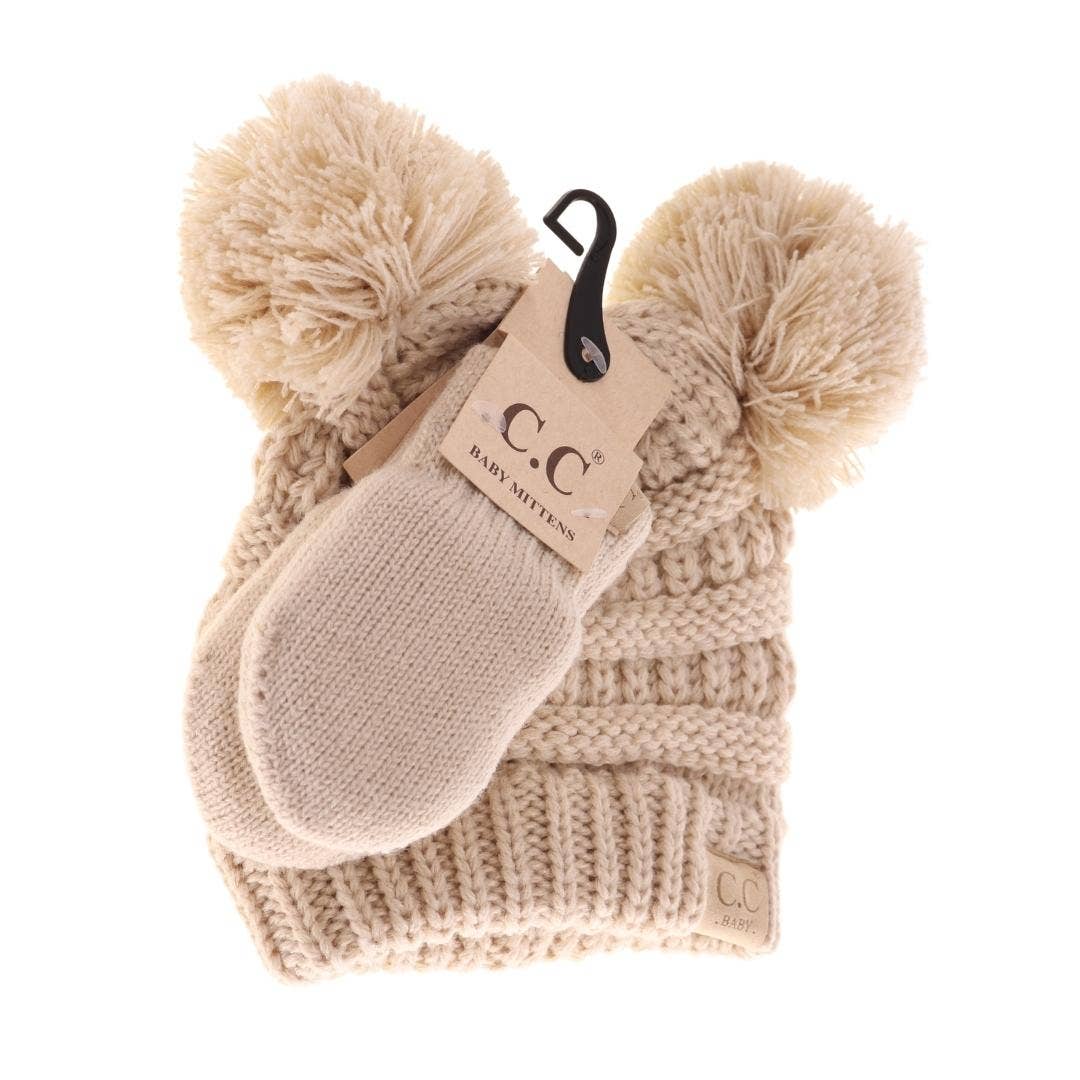 BABY - Solid Knit Double Pom C.C Beanie with Mitten Set