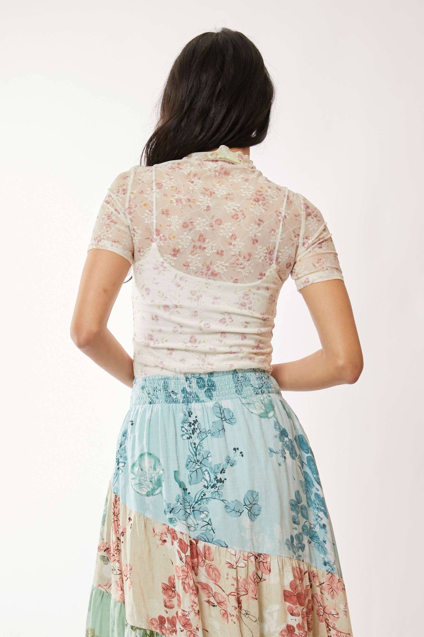 Mock Neck Mesh Lace Sheer Top | Indian Pink