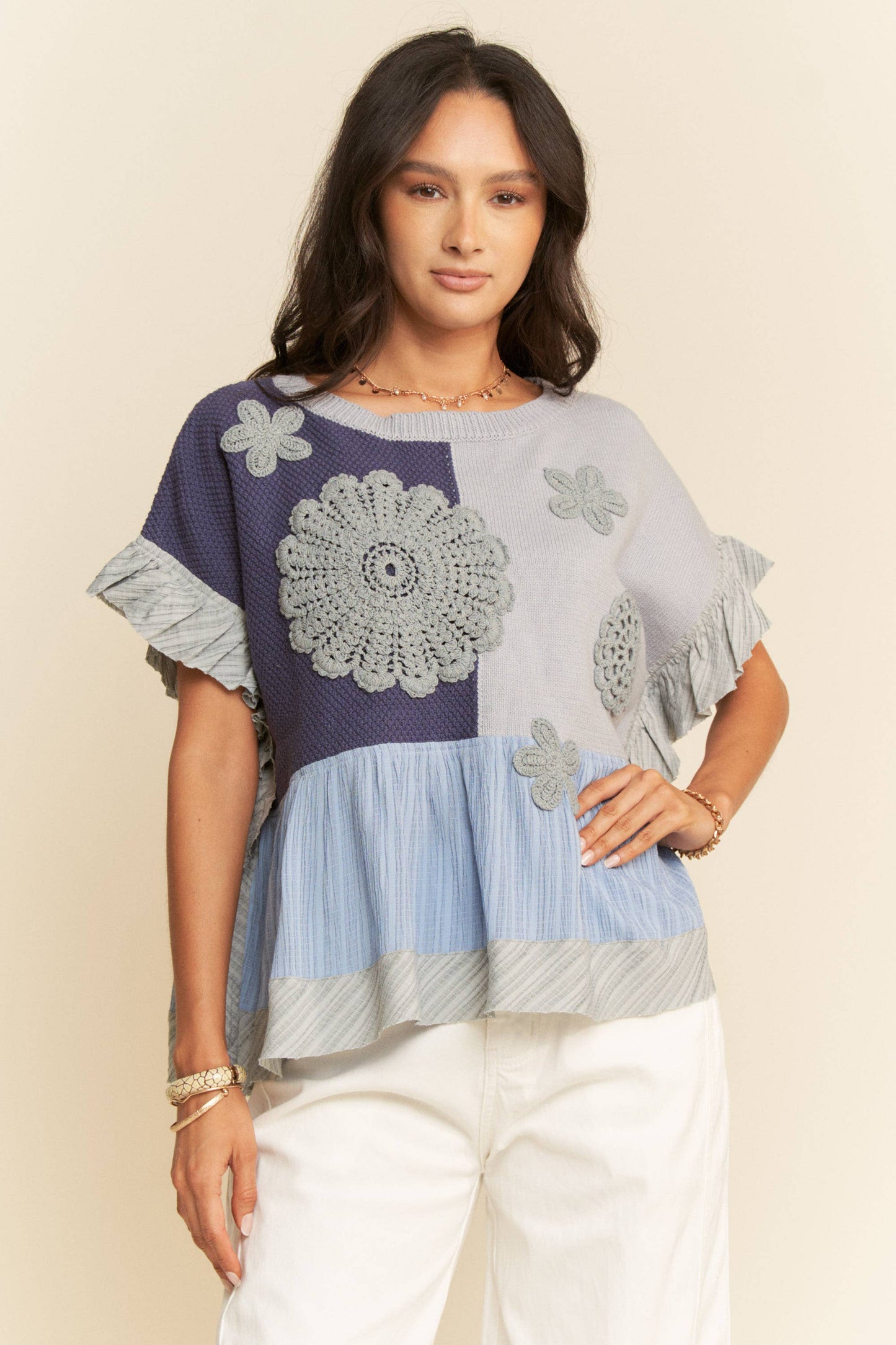Wavy Knit Ruffle Top | Denim Navy