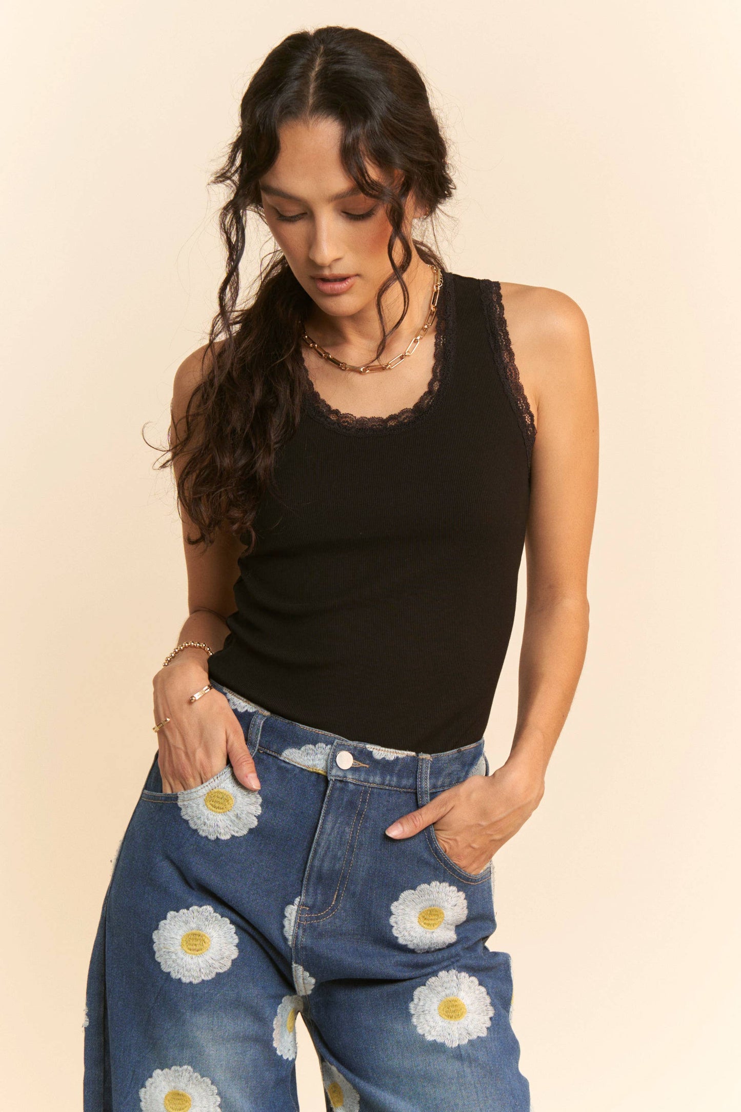 Ribbed Lace Trim Tank | Black