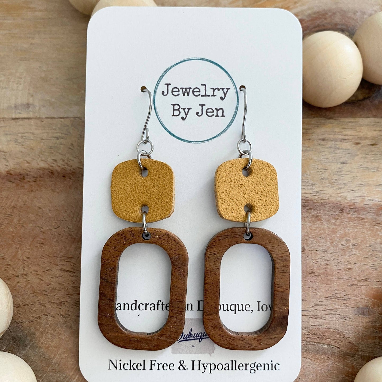 Wood Cutout Rectangle & Mustard Rounded Square Earrings