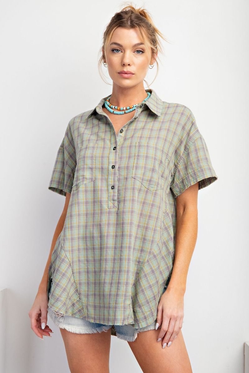 Playful Plaid Tunic Top | Sage Grey