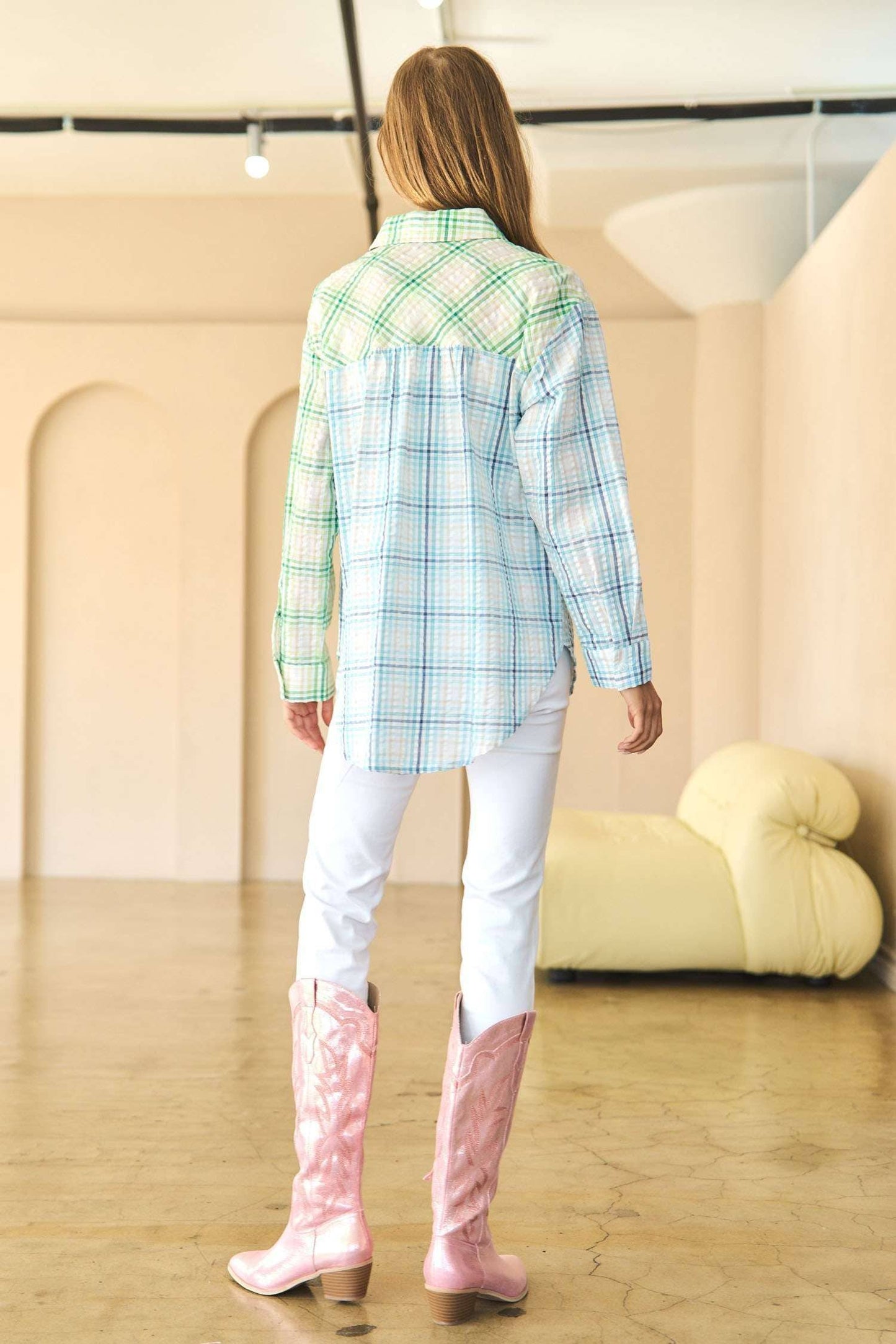 Maggie Mixed Plaid Button-Up | Seafoam