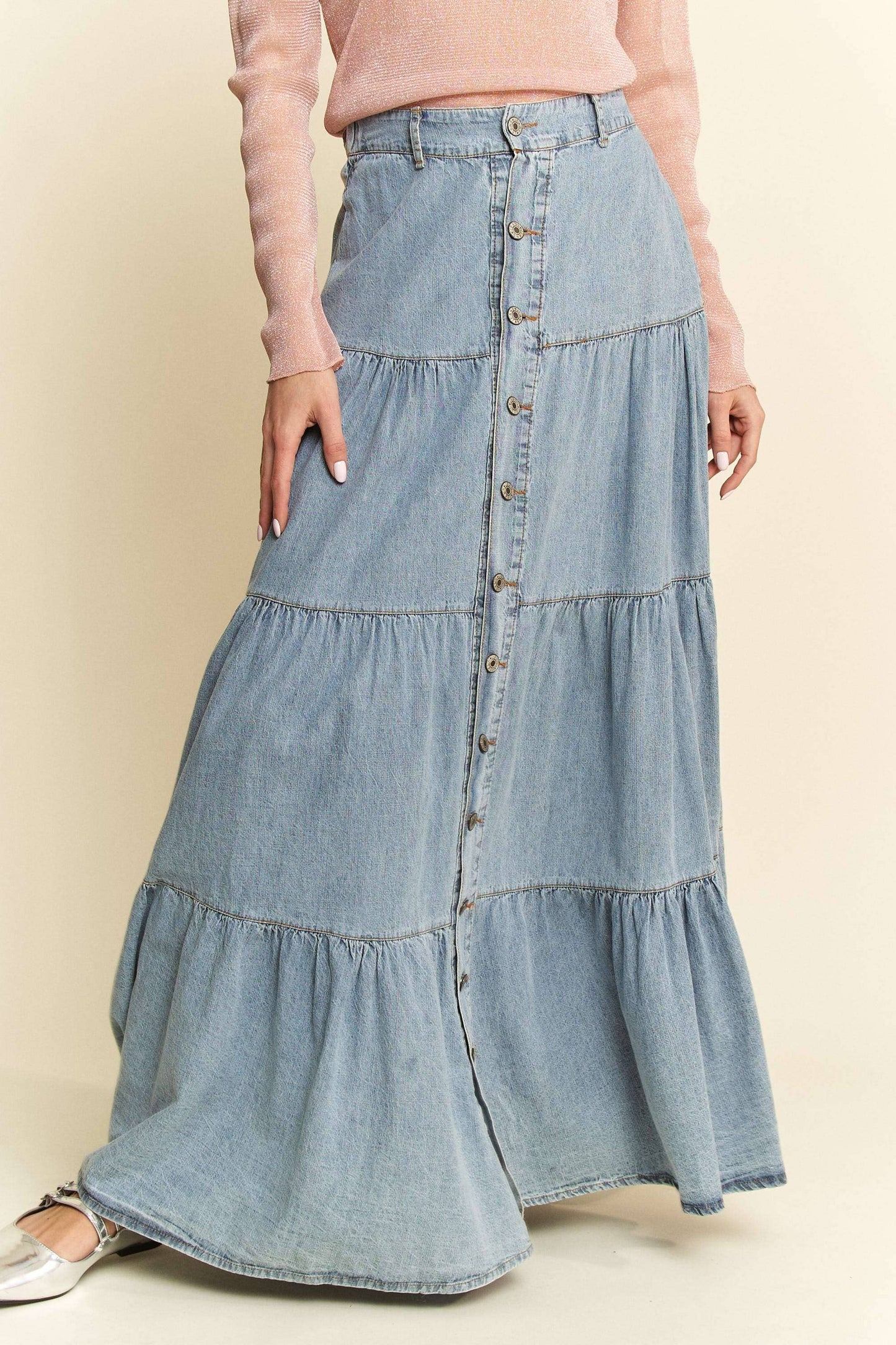 Button-Front Ruffle Hem Denim Maxi Skirt