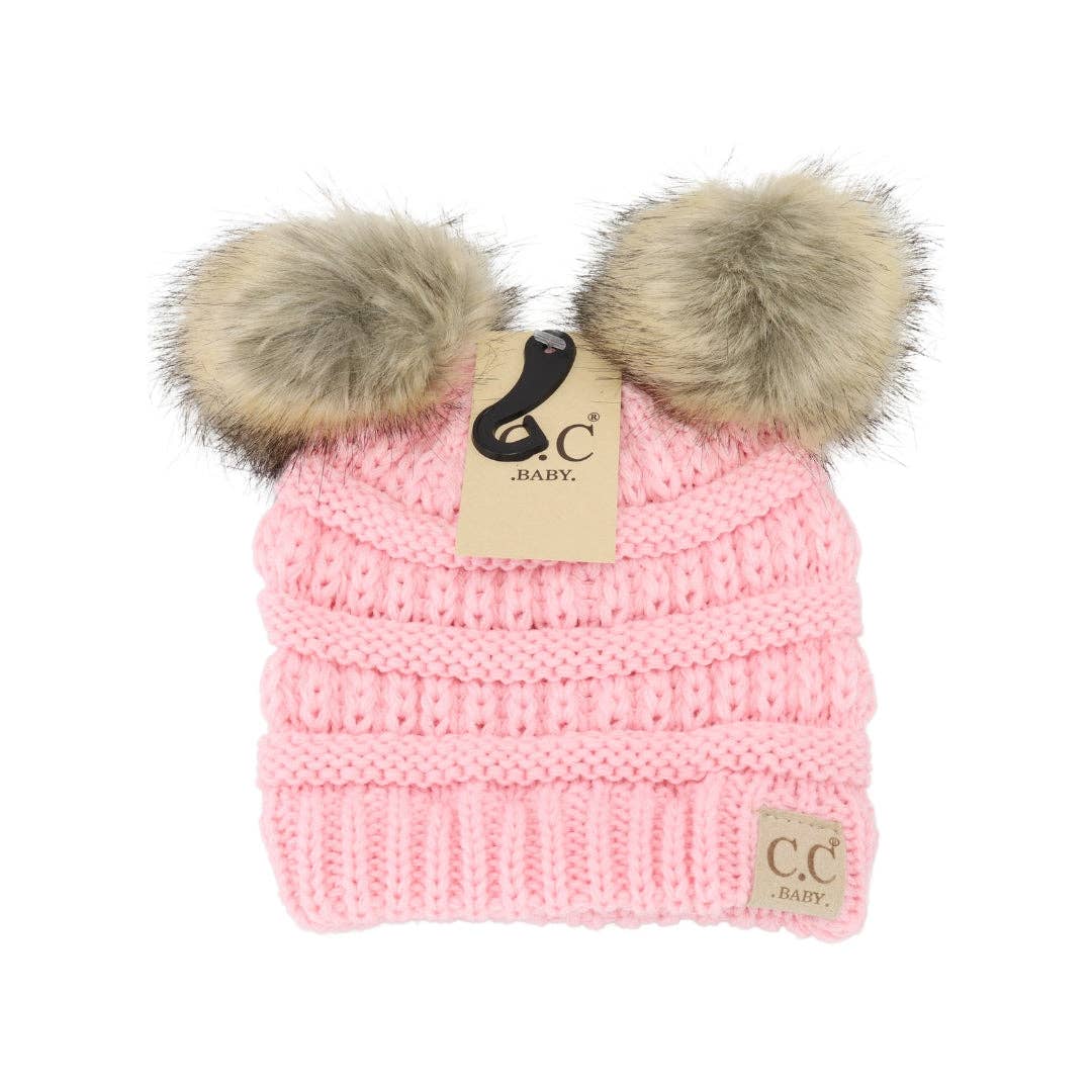 BABY Solid Ribbed Faux Fur Double Pom C.C Beanie