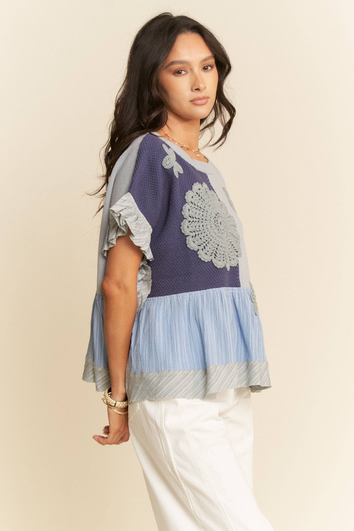 Wavy Knit Ruffle Top | Denim Navy