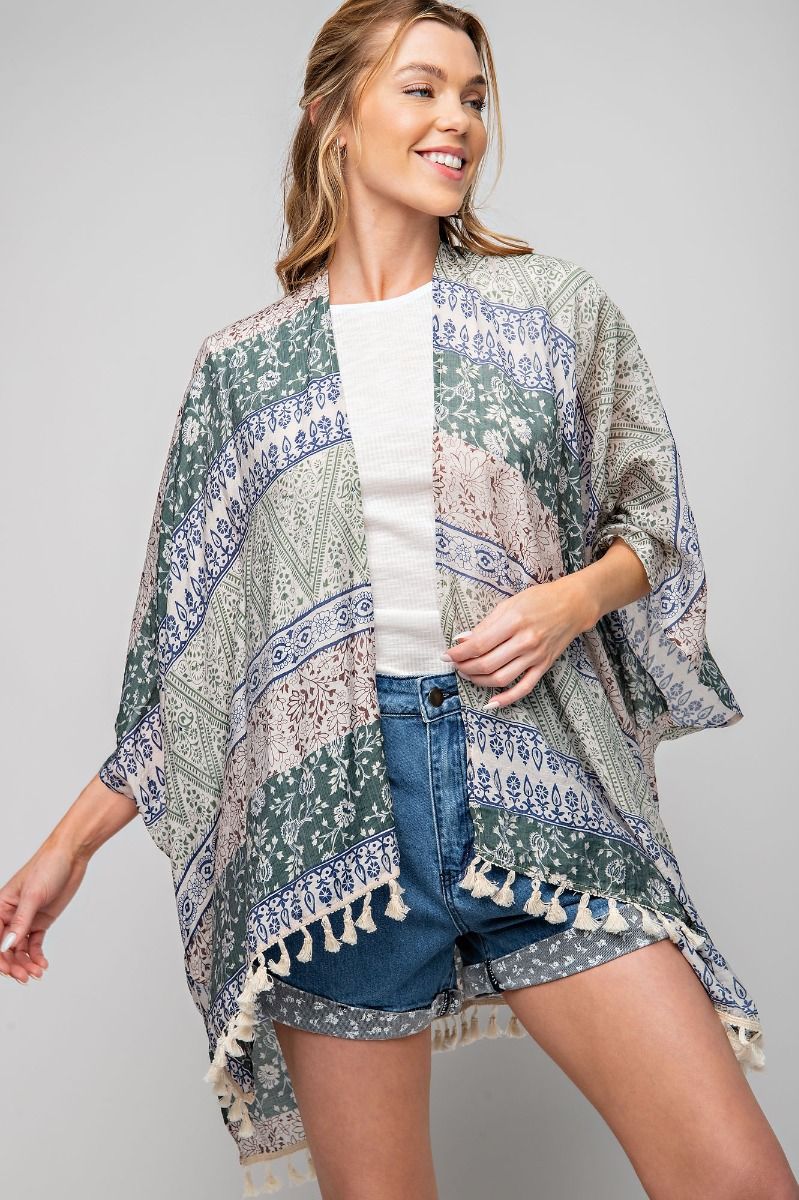 Dreamcatcher Chiffon Tassel Kimono | Moss Teal
