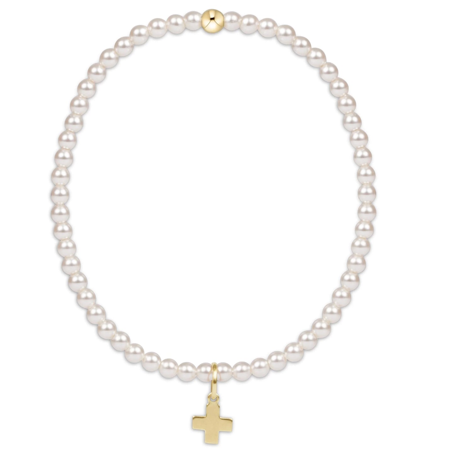 Classic Pearl 3Mm Bead Barcelet Signature Cross Gold Charm