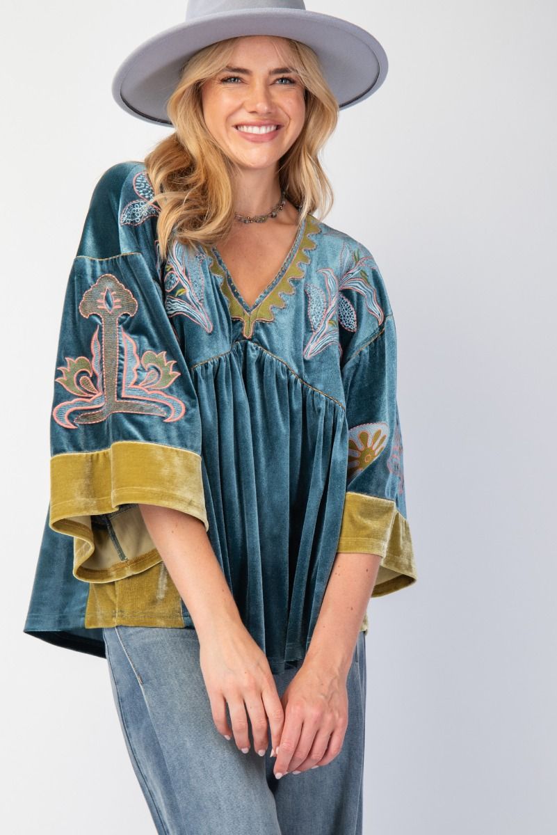 Reverie Velvet Embroidered Tunic | Teal Blue