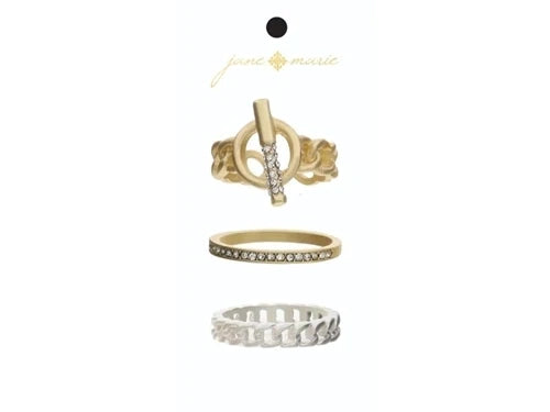 Set of 3, Crystal Embellished Faux Toggle Gold Chain, Crystal Band, Silver Band Ring