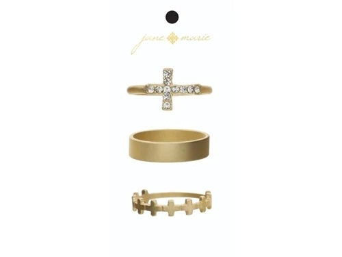 Set of 3, Sideways Crystal Cross Gold Band, Gold Band, Gold Square Cross Band Ring