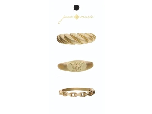 Set of 3, Gold Raised Bee Signet, Gold Chain Band, Gold Twist Band Ring