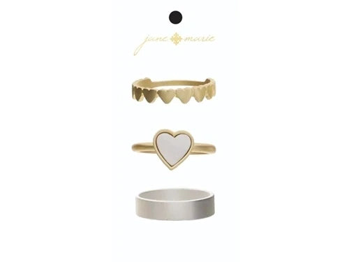 Set of 3, Shell Heart Gold Band, Silver Band, Gold Mini Hearts Band Ring