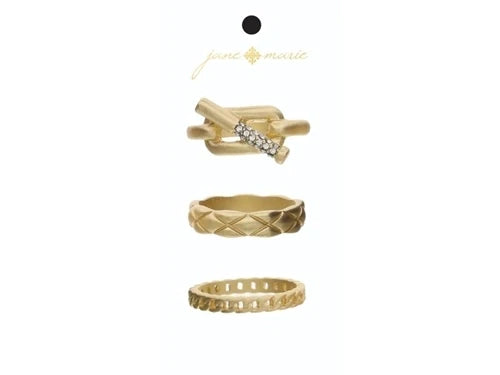 Set of 3, Crystal Embellished Faux Toggle Gold Band, Gold Quilted Band, Gold Chain Band Ring