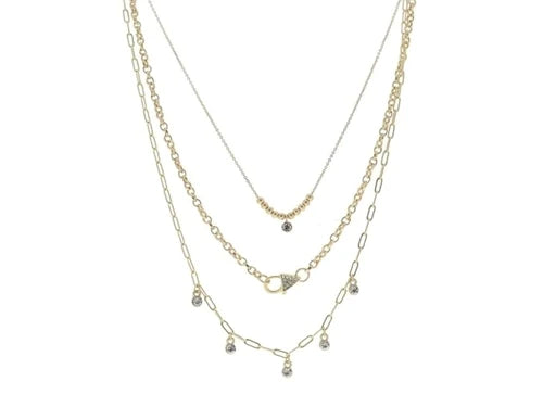 3 Strand, Gold Balls with Crystal Drop, Faux Gold Crystal Lobster Closure, Multi Crystal Drops Necklace