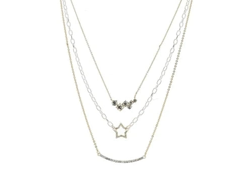 3 Strand, Crystal Cluster Bar, Gold Star, Silver Crystal Curved Bar Necklace