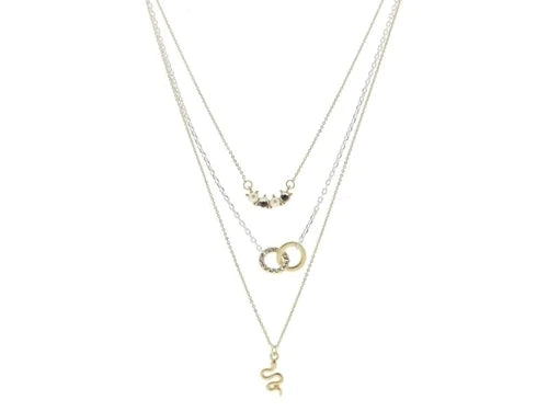 3 Strand, Pearl and Clear Crystal Curved Bar, Gold and Clear Crystal Circle Links, Gold Snake Necklace