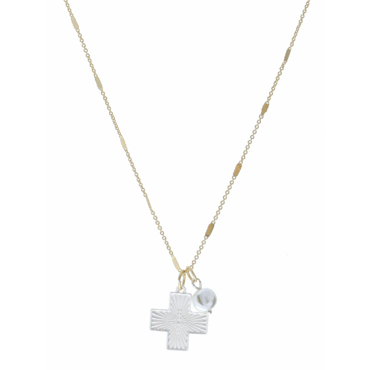 16" Silver Textured Square Cross & Pearl necklace
