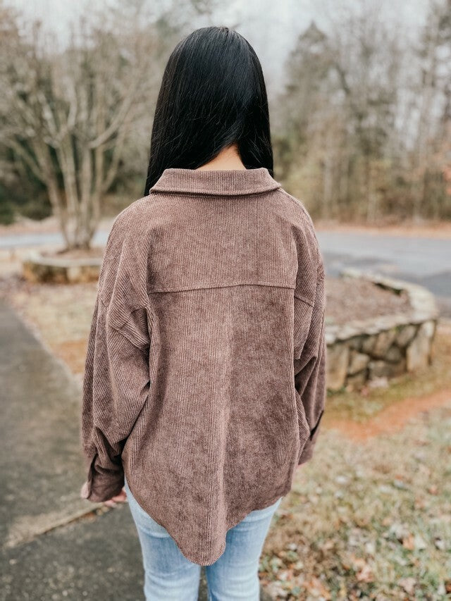 Caught Up Corduroy Shacket- Chocolate
