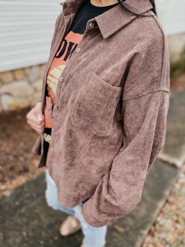 Caught Up Corduroy Shacket- Chocolate