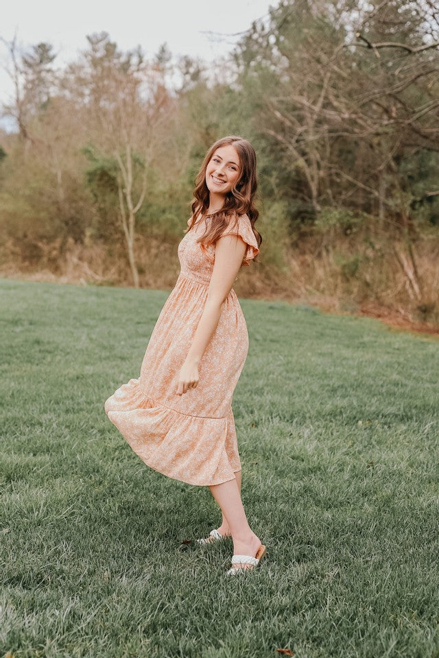 Floral Fields Dress Peach with White Flowers