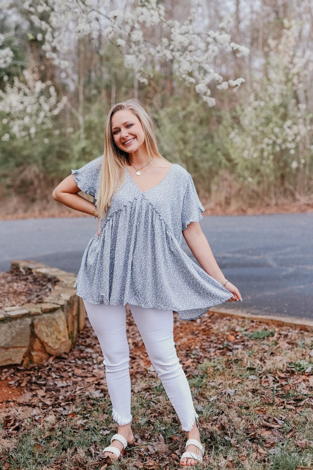 blue floral babydoll top front
