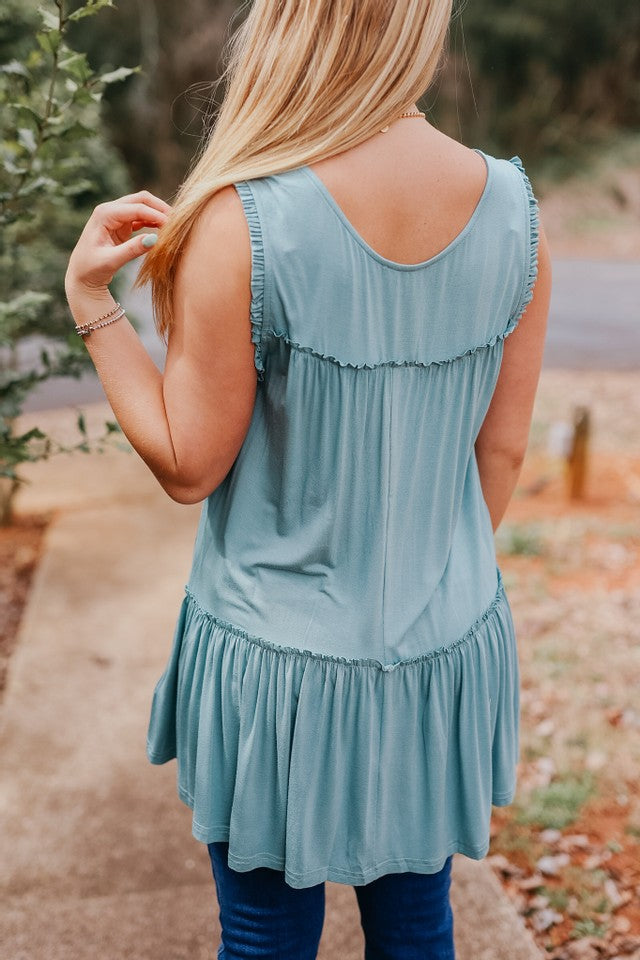 Teal Ruffle V-Neck Sleeveless Top