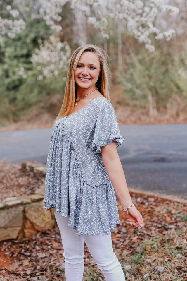 blue floral babydoll top side
