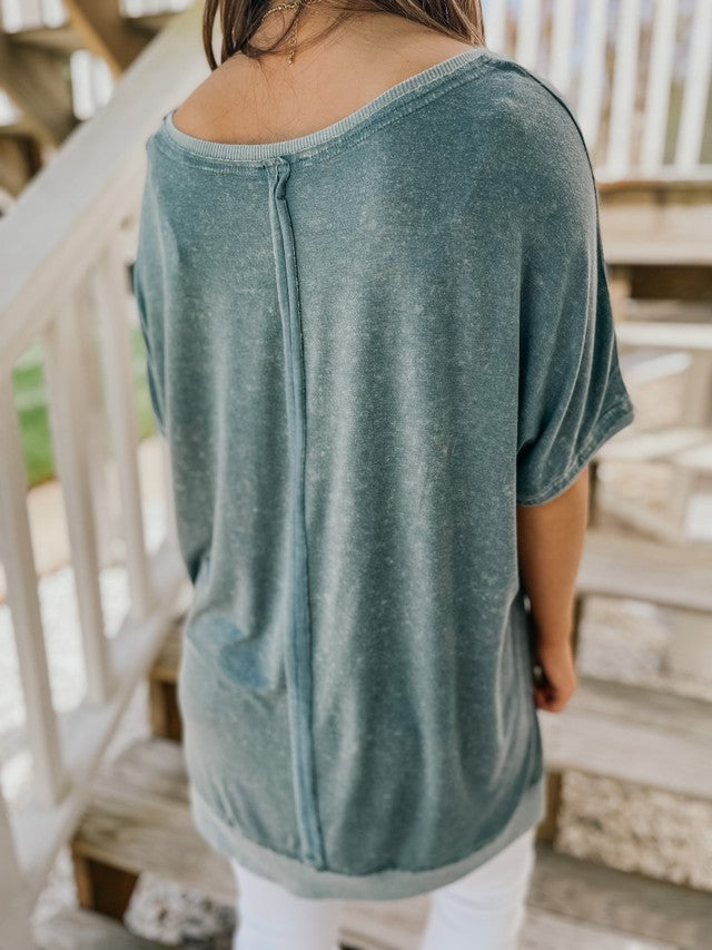 Teal Blue V-Neck Side Slit Short Sleeve Knit Top