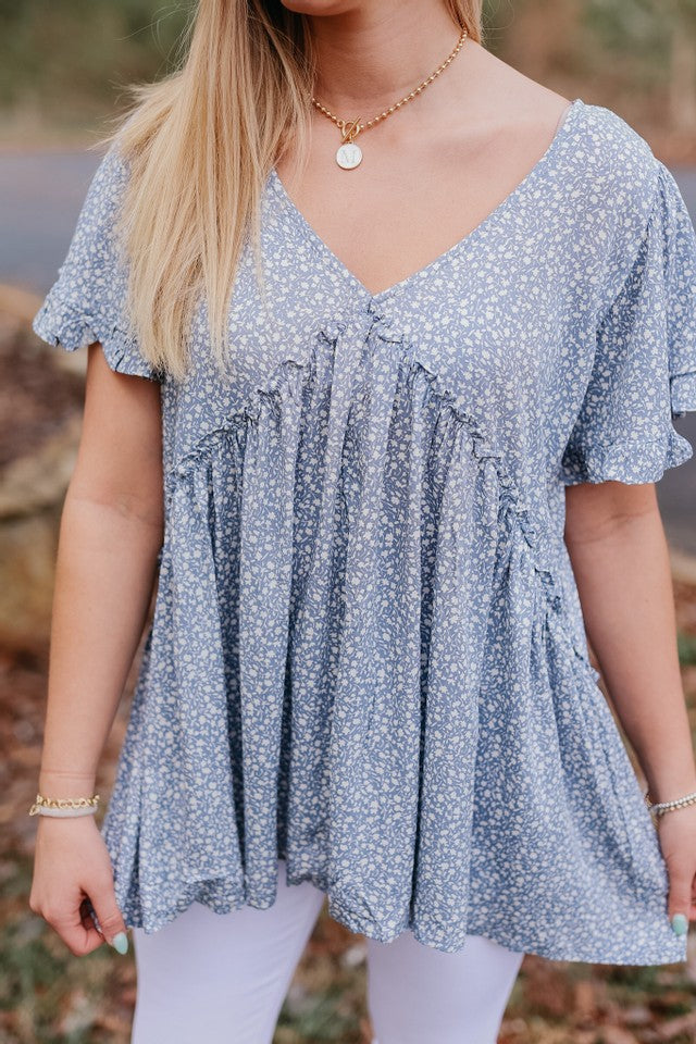 front blue floral babydoll top