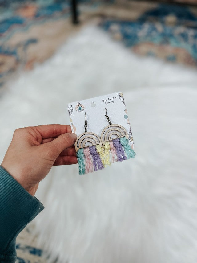 Blue, pink, purple, and yellow handmade wood Rainbow Macrame Earring