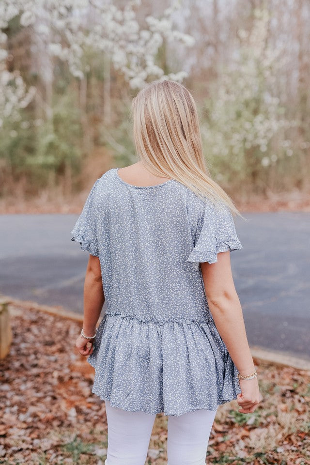 blue floral babydoll top back