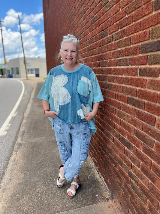 Fancy Floral Patch Top | Teal