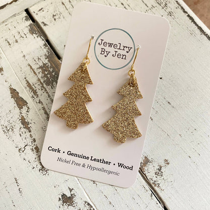 Christmas Tree Earrings: Gold Fine Glitter