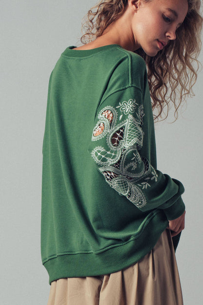 Romantic Lace Embroidered Sleeve Sweatshirt| Green