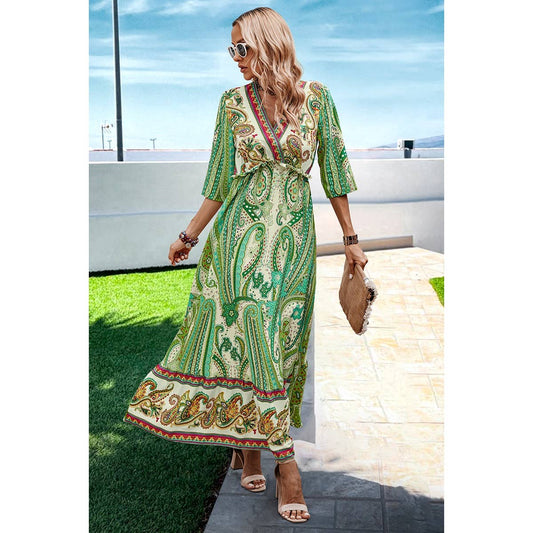Allover Print Split High Waist Color Block Fit Dress
