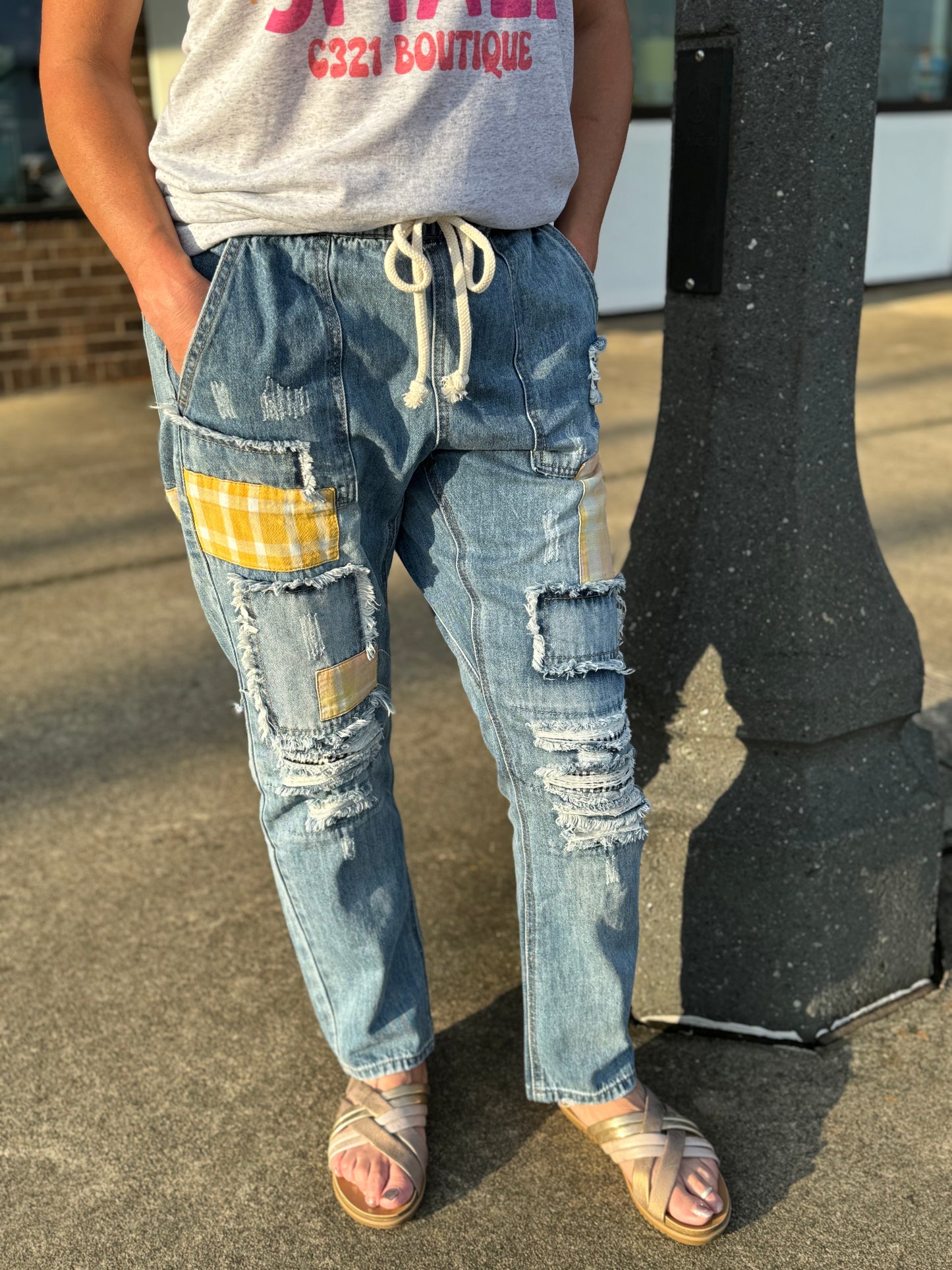 Perfectly Patched Straight Leg Jeans